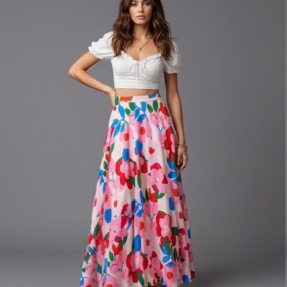 Boho A-Line Floral Maxi Skirt Pink - Picture 1 of 9